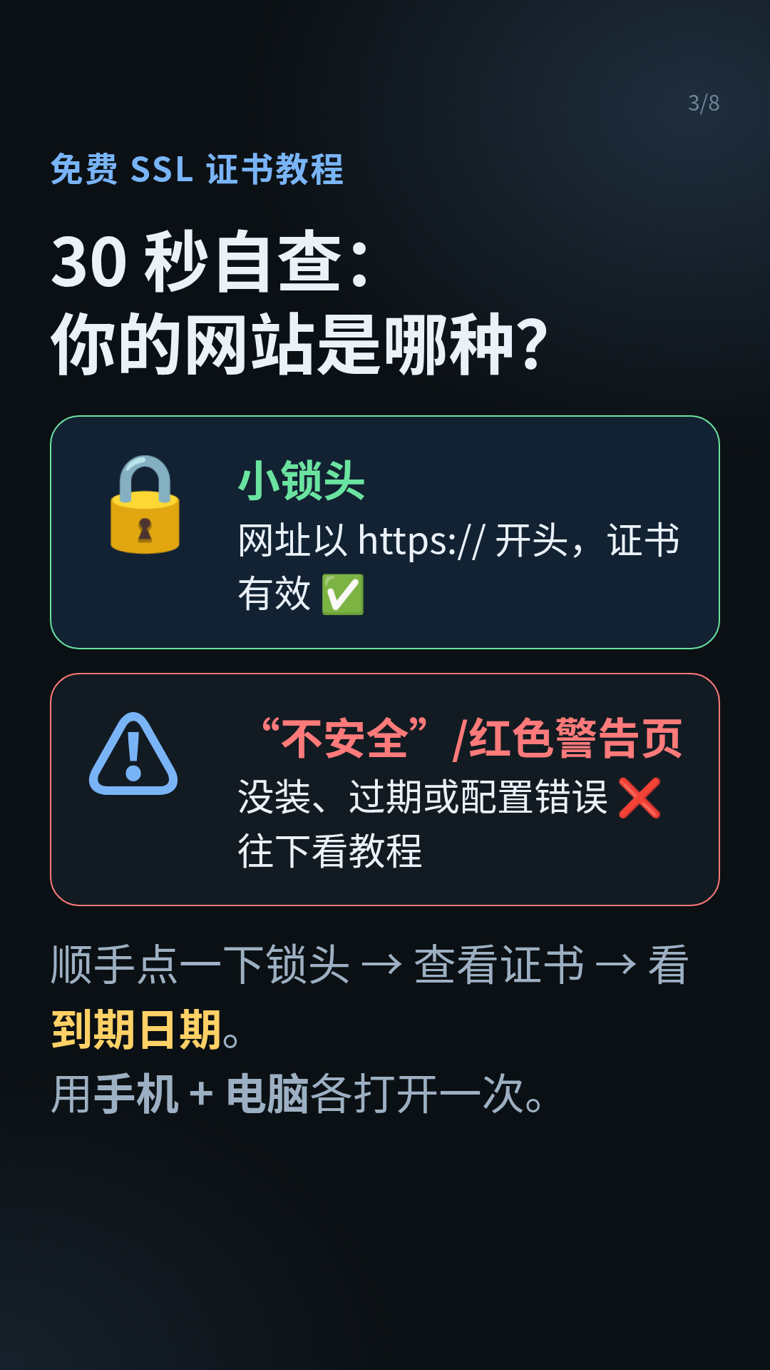 卡片 03:30 秒自查——锁头 / 不安全 / 红屏