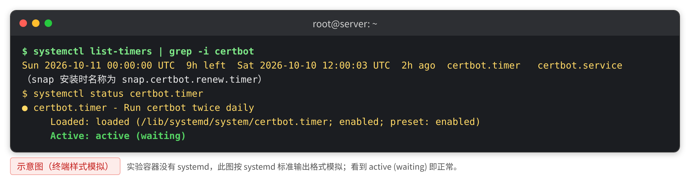 systemctl list-timers 的正常输出(终端样式模拟)