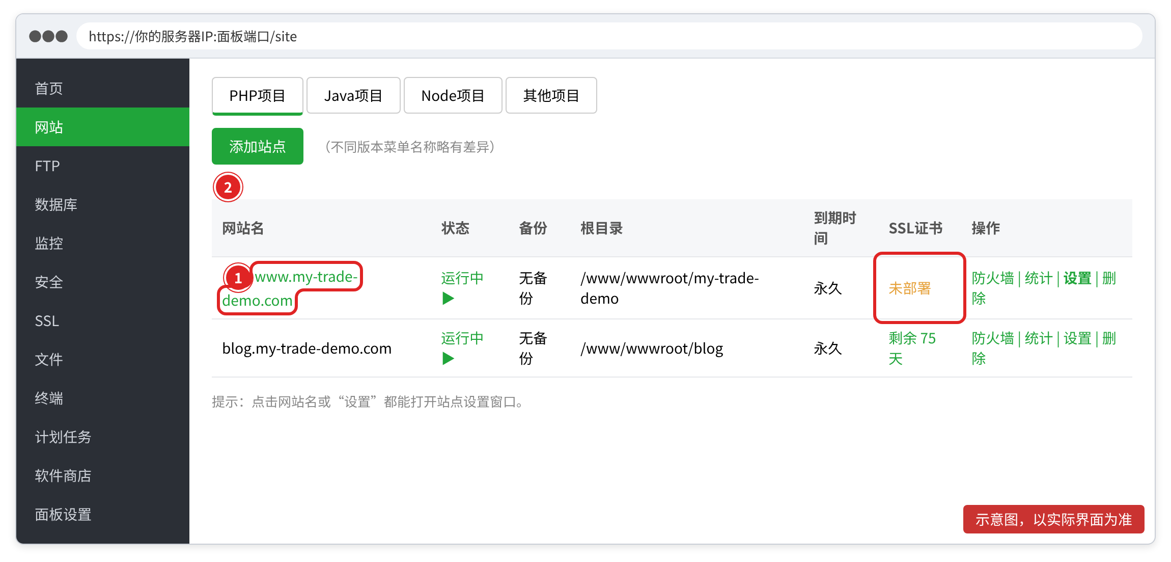 宝塔:网站列表,点击站点名或“设置”