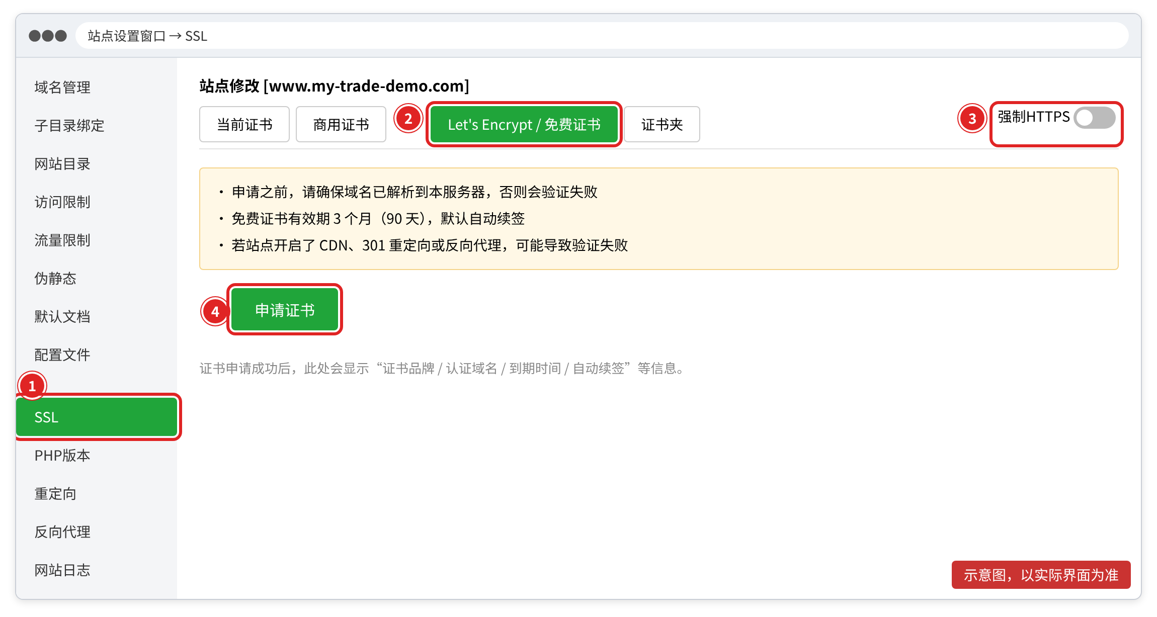 宝塔:站点设置 → SSL → Let's Encrypt → 申请证书;右上角是“强制HTTPS”开关