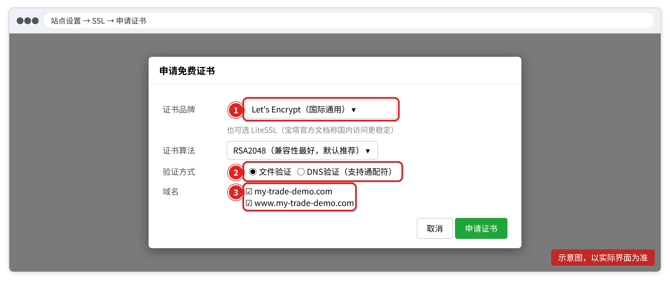 宝塔:申请证书对话框