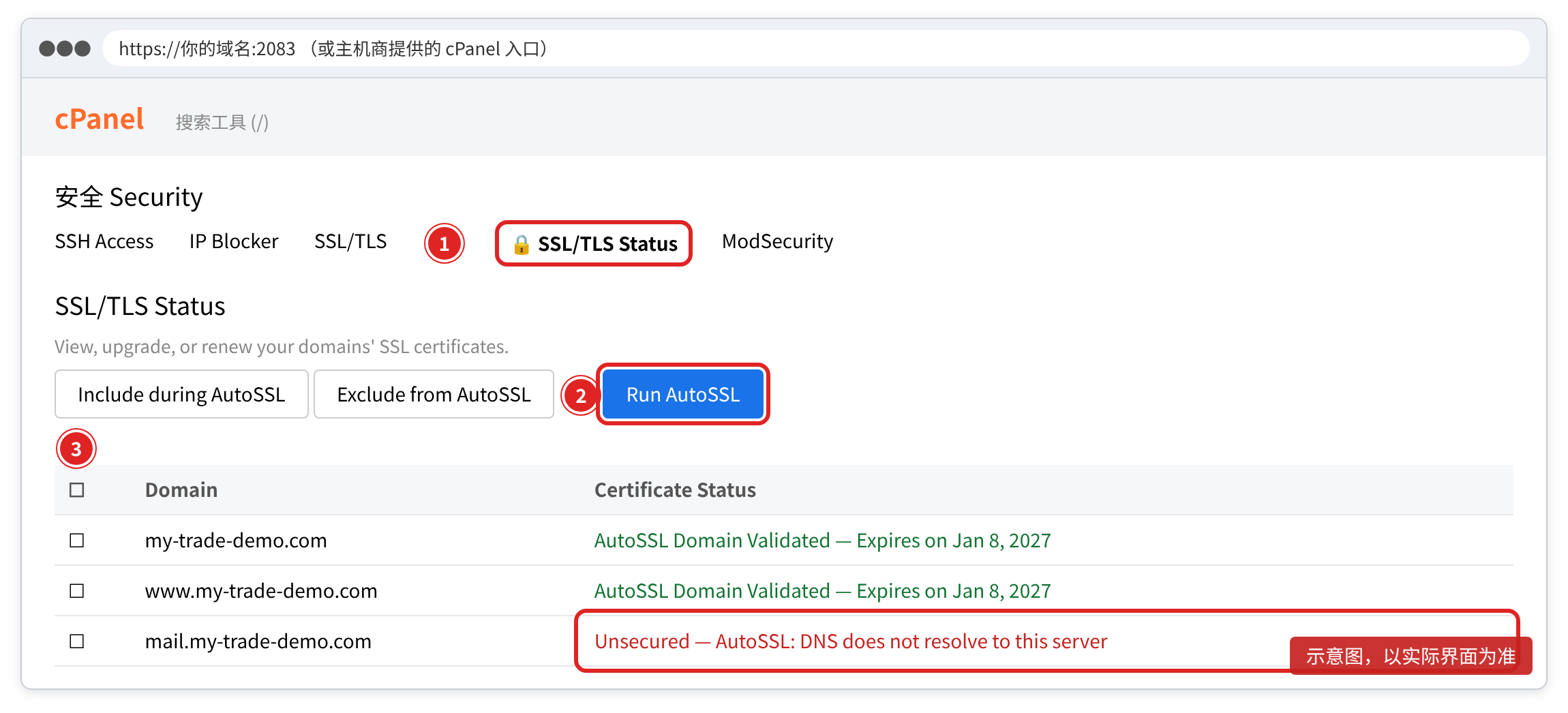 cPanel:Security → SSL/TLS Status → Run AutoSSL