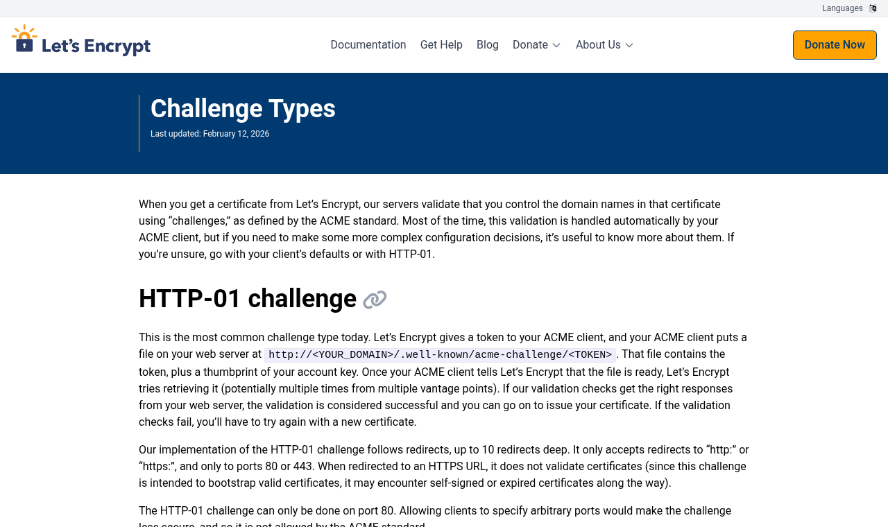 Let's Encrypt 官方文档「验证方式(Challenge Types)」页面,介绍 HTTP-01 与 DNS-01
