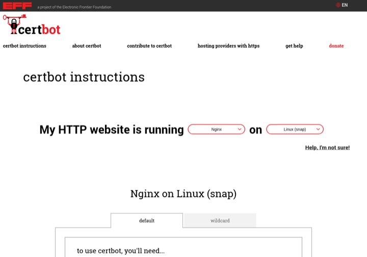 Certbot 官方安装向导（选择 Nginx + Linux (snap)）